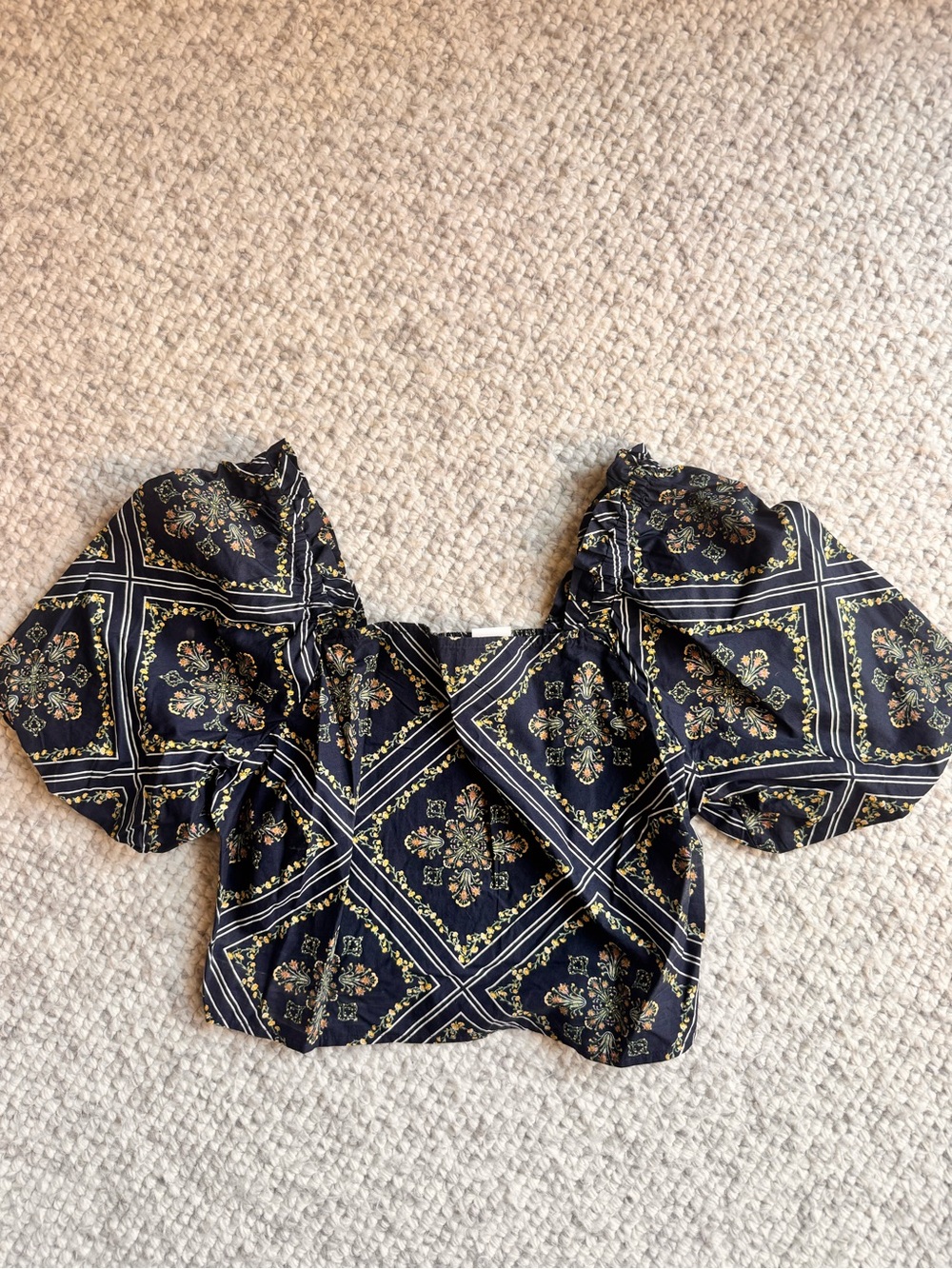 Loft Navy Floral Square-Neck Puff Sleeve Crop Top NWT